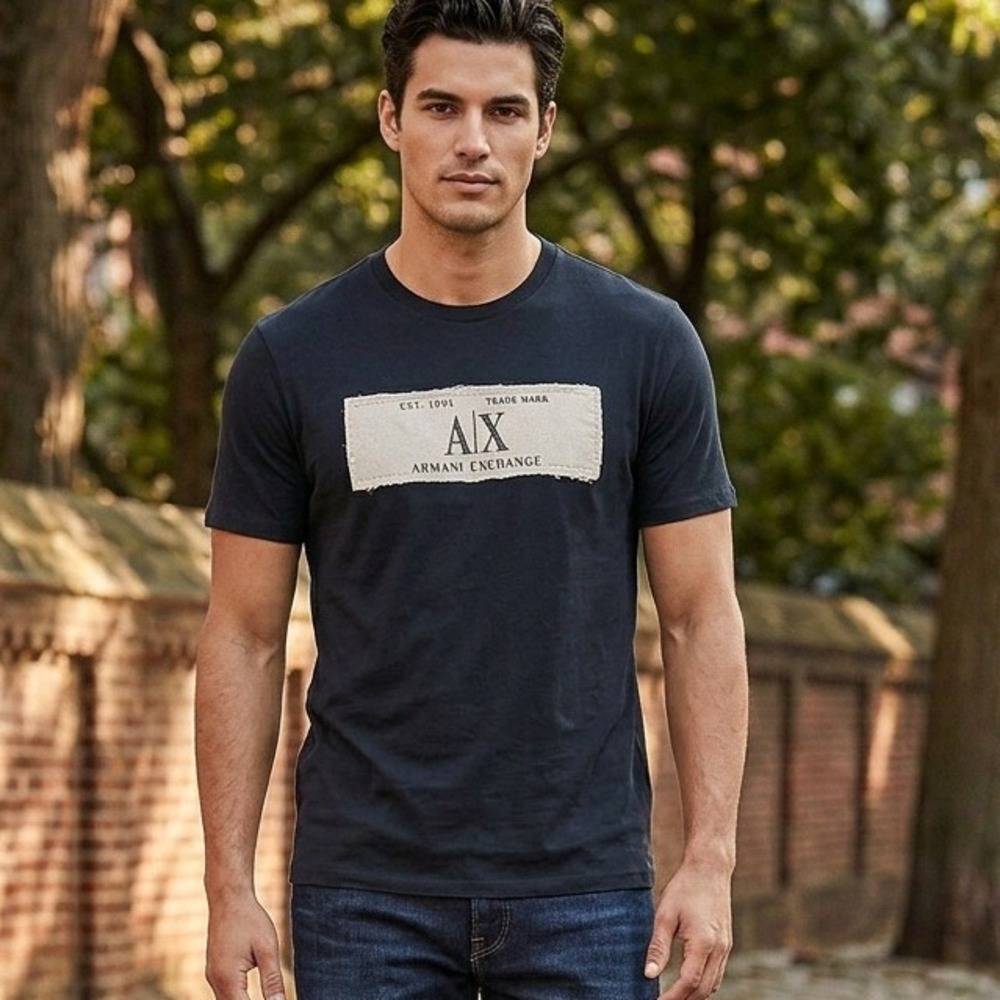 Armani Exchange Mens AX Logo Patch Graphic T-Shirt Black Large Cotton Tee Casual